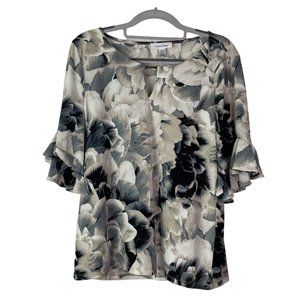 Calvin Klein Floral Top Size M Ruffle Sleeve Gray